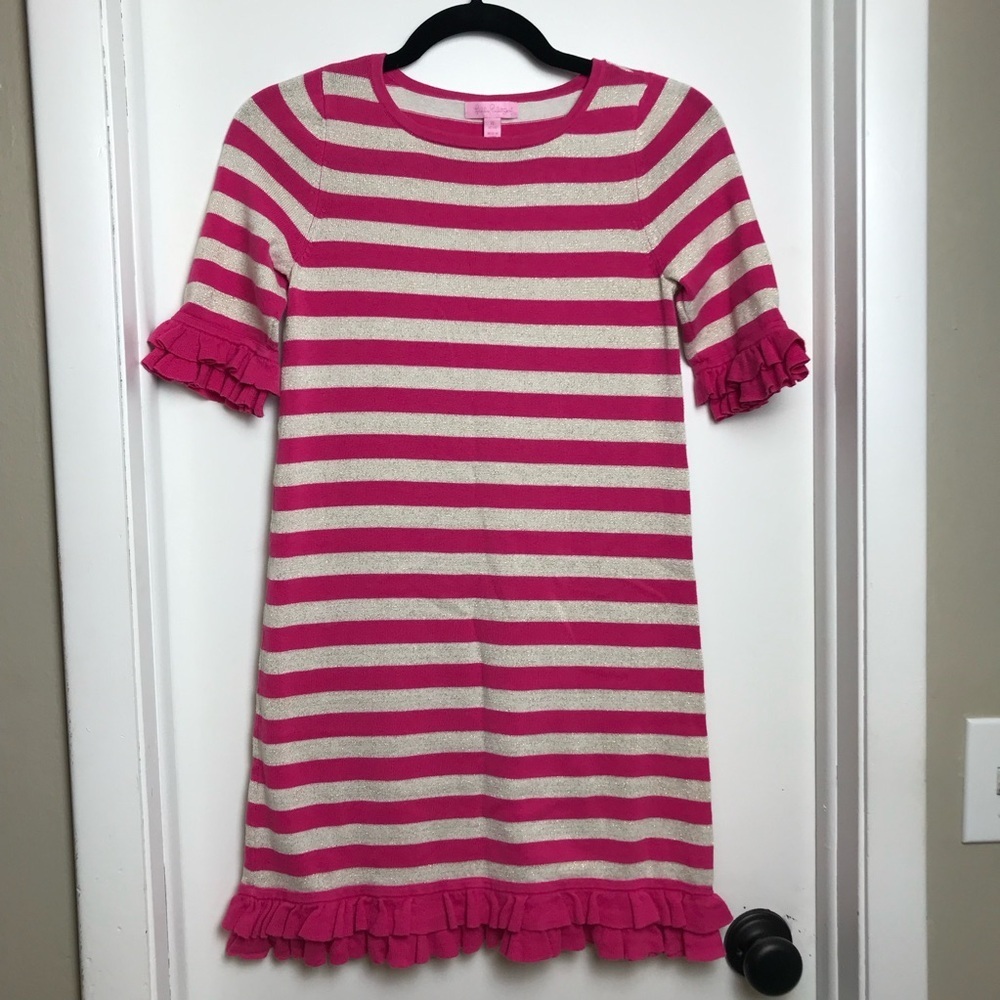 Lilly Pulitzer Stripe Knit Sweater Dress Metallic Nude & Pink Girls Sz XL (12-14